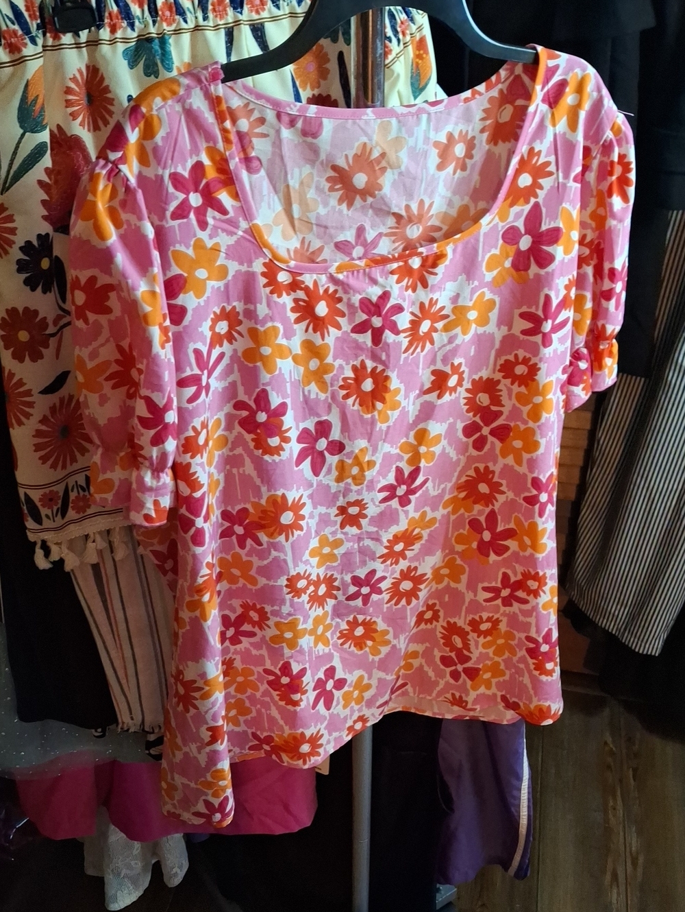 Pink Floral Short-Sleeve Gathered Sleeve Top Square Scope Neck 3xl Preloved